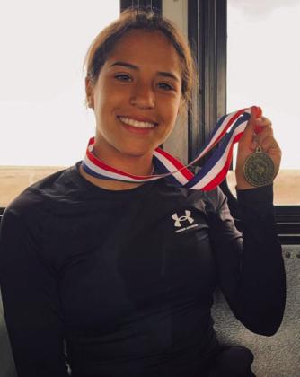 Memphis’ Jaelyn Gaxiola is the 100-meter hurdle area champion, setting a personal record of 16.65 at the UIL 2A Area 1-2 Meet Wednesday, April 10 in Wellington. Courtesy Photo