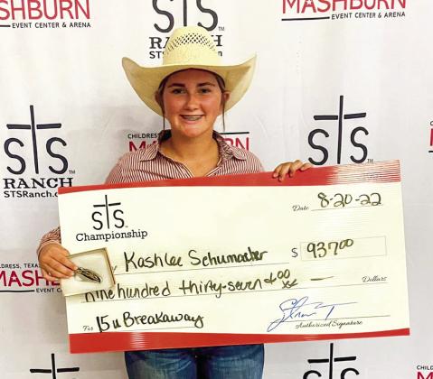 Kashlee Schumacher is the 15-and-under breakaway roping champion, taking $937 in winnings and qualifying for the Hooey Junior Patriot.