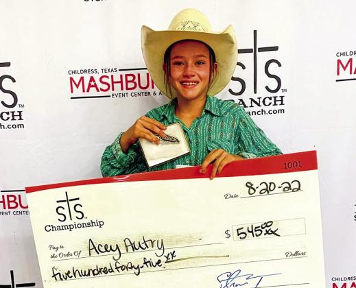 Acey Autry is the 12-and-under goat tying champion, taking $545 in winnings.