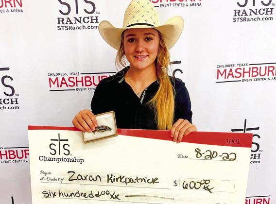 Zaran Kirkpatrick is the 19-and-under goat tying champion, taking $600 in winnings.