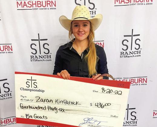 Zaran Kirkpatrick is the 15-and-under goat tying champion, taking $436 in winnings.