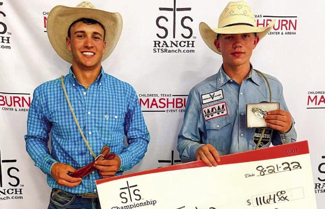 Tate Jordan, right, is the 19-and-under tie down roping champion, taking $1,164 in winnings.